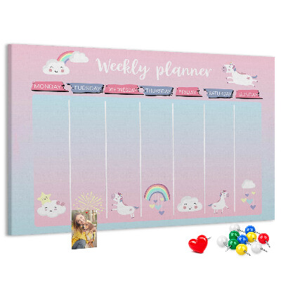 Kurk prikbord weekplanner met kleurrijke eenhoorns