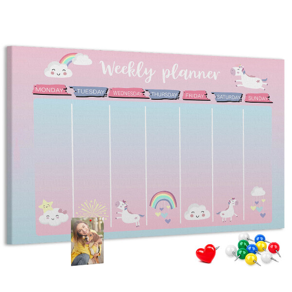 Kurk prikbord weekplanner met kleurrijke eenhoorns