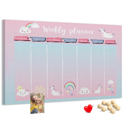 Kurk prikbord weekplanner met kleurrijke eenhoorns
