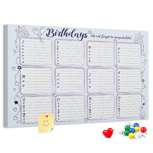 Verjaardagskalender met kleurrijke accenten en prikbord