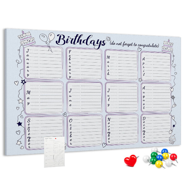 Verjaardagskalender met kleurrijke accenten en prikbord