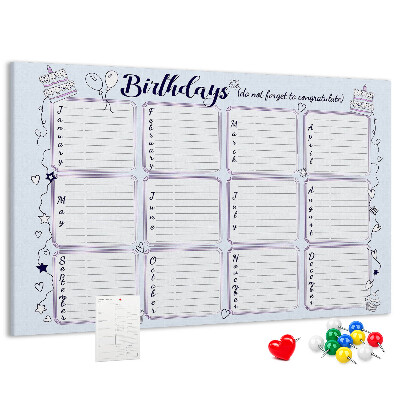 Verjaardagskalender met kleurrijke accenten en prikbord