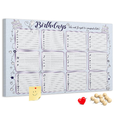 Verjaardagskalender met kleurrijke accenten en prikbord