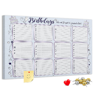 Verjaardagskalender met kleurrijke accenten en prikbord