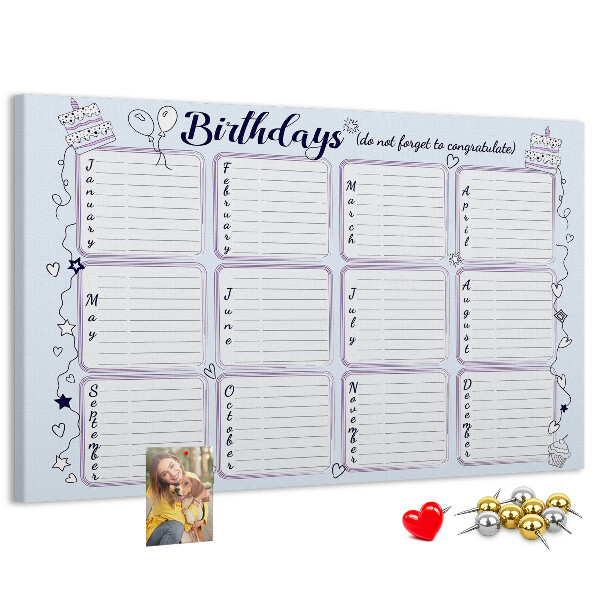 Verjaardagskalender met kleurrijke accenten en prikbord