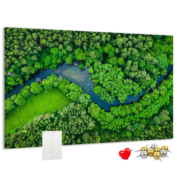 Kurk prikbord met een afbeelding van een groen landschap met een kronkelende rivier