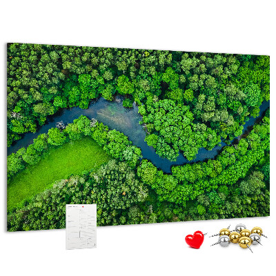 Kurk prikbord met een afbeelding van een groen landschap met een kronkelende rivier