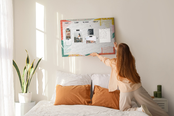 Kurkbord met bloemenkalender en kleurrijke accenten