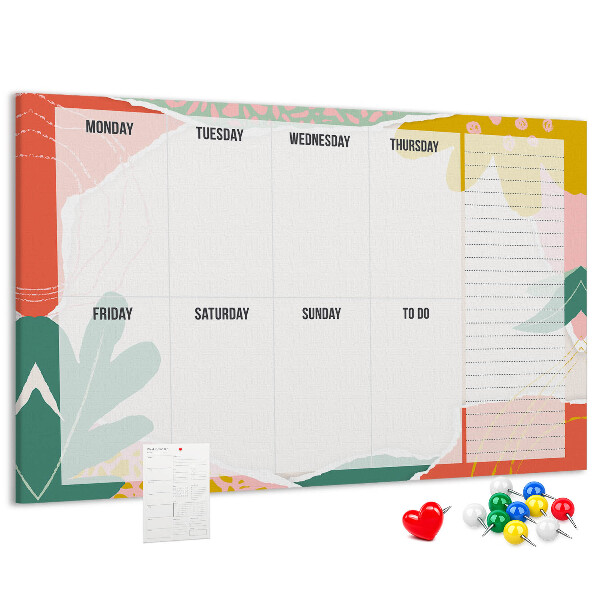 Kurkbord met bloemenkalender en kleurrijke accenten