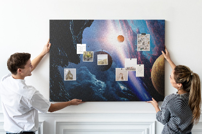 Kurk prikbord met ruimtelandschap met planeten en wolken