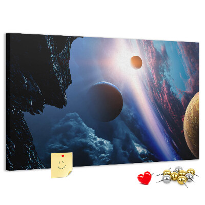 Kurk prikbord met ruimtelandschap met planeten en wolken
