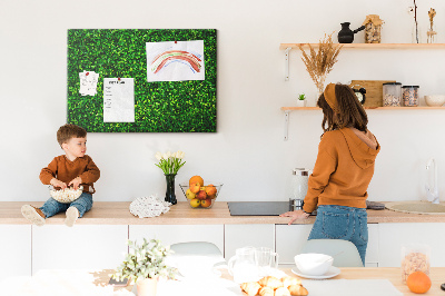 Kurken prikbord met groene muur en bladerrijk plantenpatroon