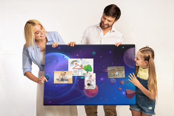 Prikbord ruimtelandschap met planeten en asteroïden
