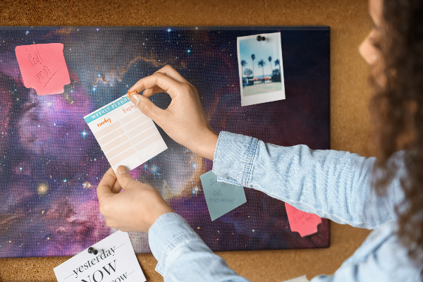 Kurkbord met een afbeelding van een ruimtelandschap met sterren en nevels