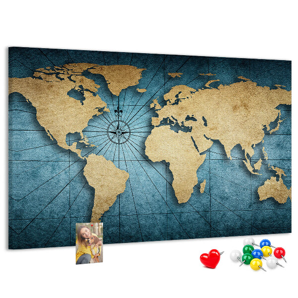 Prikbord oude wereldkaart met kompas
