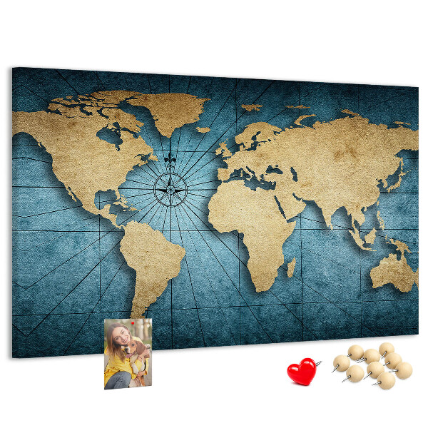 Prikbord oude wereldkaart met kompas