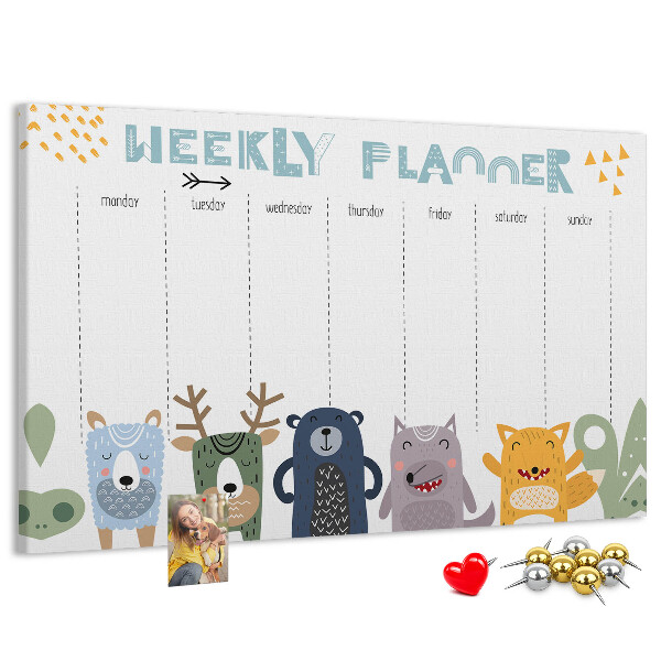 Kurkbord met kleurrijke weekplanner en dierenprint