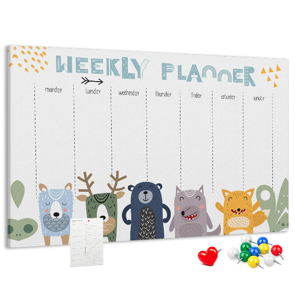 Kurkbord met kleurrijke weekplanner en dierenprint