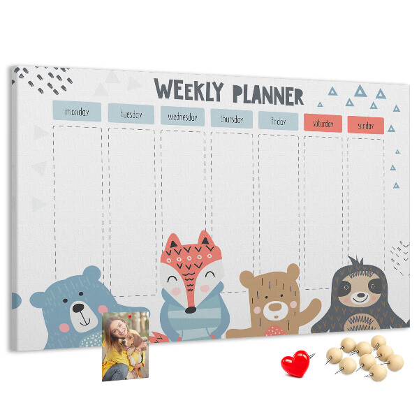 Weekplanner met bosdieren kurk prikbord