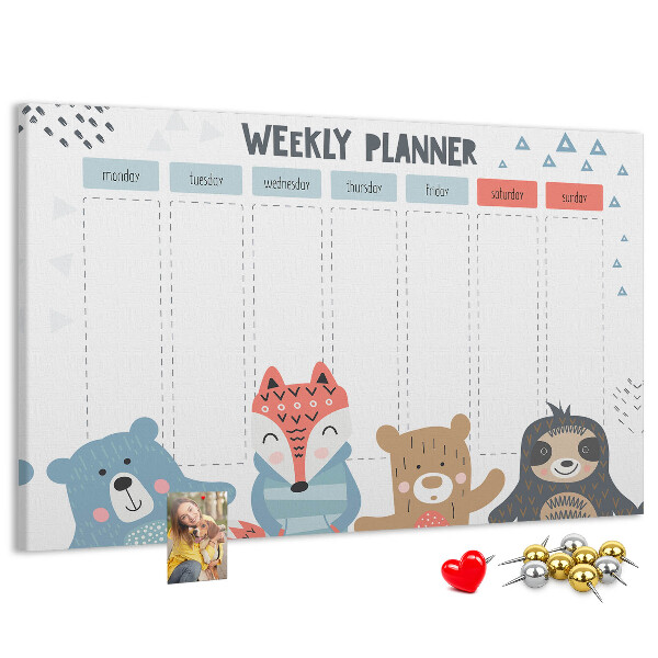 Weekplanner met bosdieren kurk prikbord