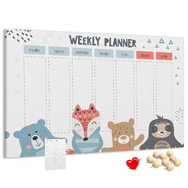 Weekplanner met bosdieren kurk prikbord