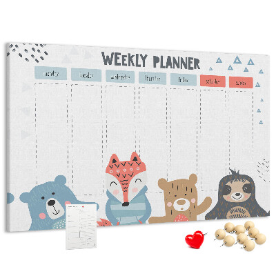 Weekplanner met bosdieren kurk prikbord