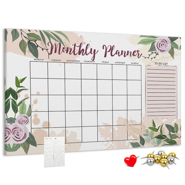 Kurken prikbord maandkalender met bloemenaccenten