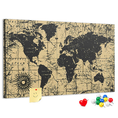Prikbord met een oude wereldkaart in zwart en goud