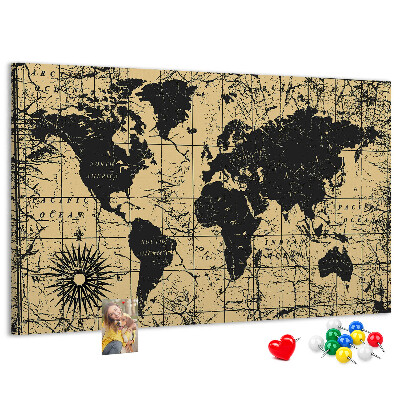 Prikbord met een oude wereldkaart in zwart en goud