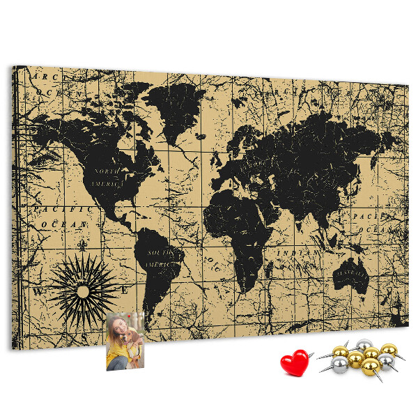 Prikbord met een oude wereldkaart in zwart en goud