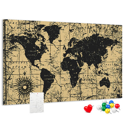 Prikbord met een oude wereldkaart in zwart en goud