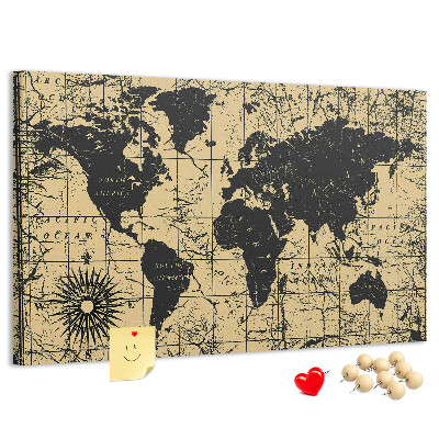 Prikbord met een oude wereldkaart in zwart en goud