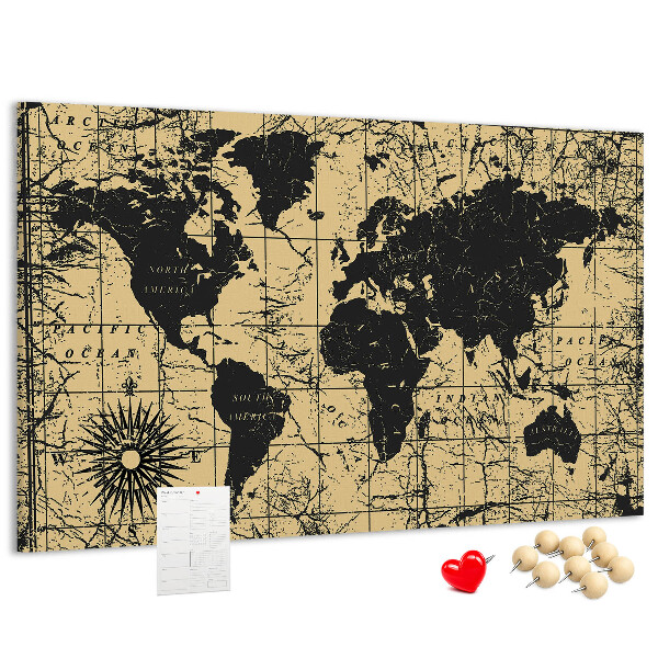 Prikbord met een oude wereldkaart in zwart en goud