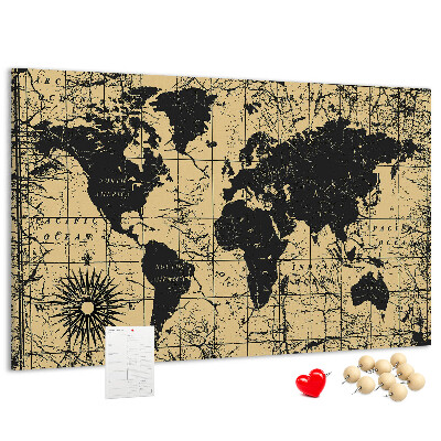 Prikbord met een oude wereldkaart in zwart en goud