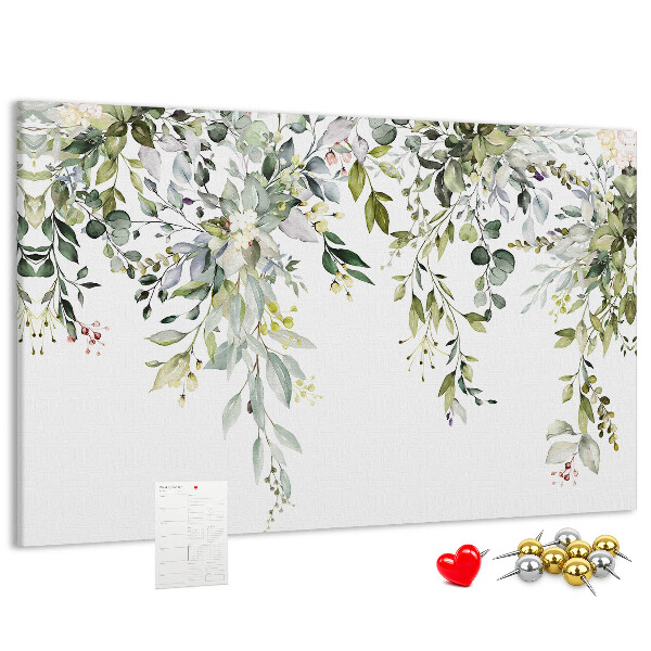 Kurken prikbord met een motief van groene bladeren en tere bloemen
