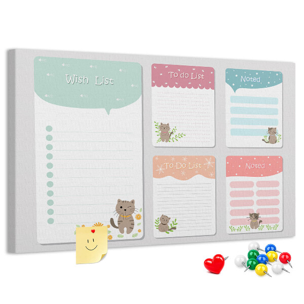 Kurken prikbord met schattige katjes op kleurrijke briefjes