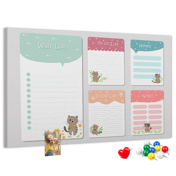 Kurken prikbord met schattige katjes op kleurrijke briefjes