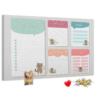 Kurken prikbord met schattige katjes op kleurrijke briefjes