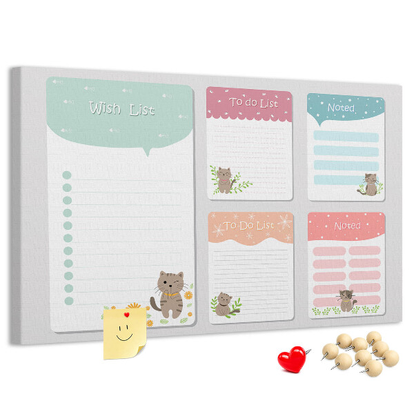 Kurken prikbord met schattige katjes op kleurrijke briefjes