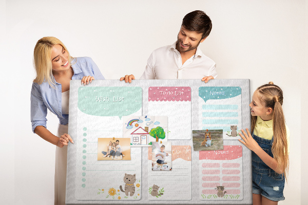 Kurken prikbord met schattige katjes op kleurrijke briefjes