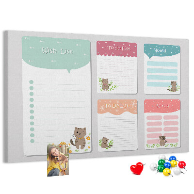 Kurken prikbord met schattige katjes op kleurrijke briefjes