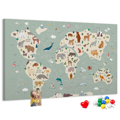 Prikbord met dieren van de wereld op een kleurrijke kaart