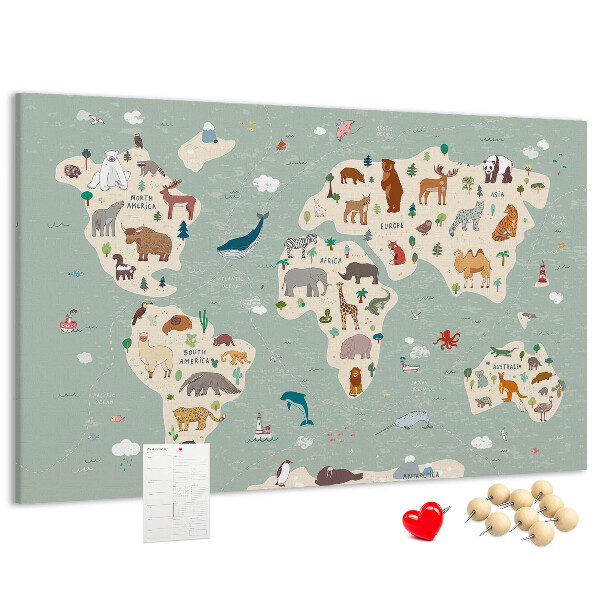Prikbord met dieren van de wereld op een kleurrijke kaart