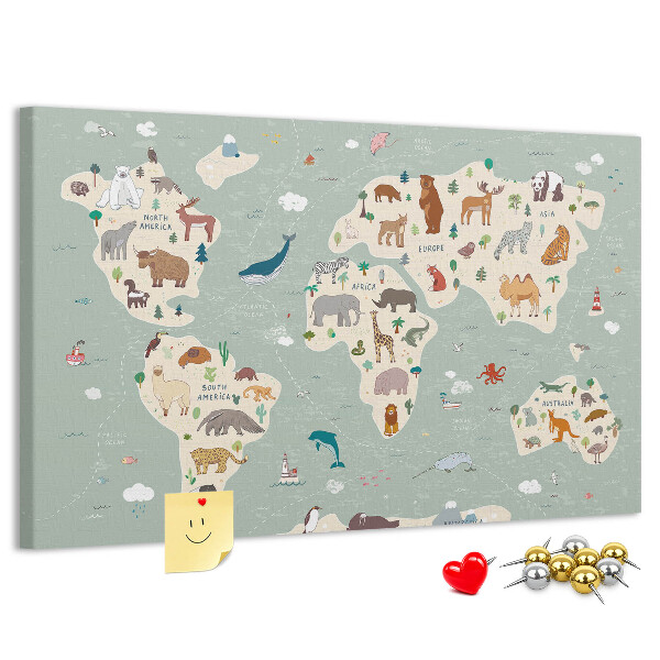 Prikbord met dieren van de wereld op een kleurrijke kaart