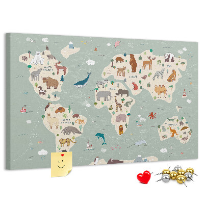 Prikbord met dieren van de wereld op een kleurrijke kaart