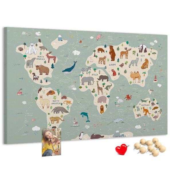 Prikbord met dieren van de wereld op een kleurrijke kaart