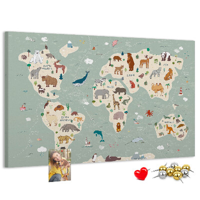 Prikbord met dieren van de wereld op een kleurrijke kaart