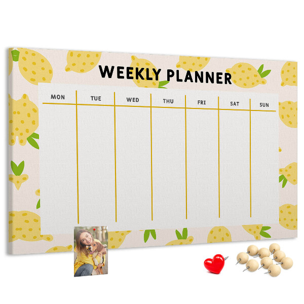 Weekkalender met een citroenmotief en kurk prikbord
