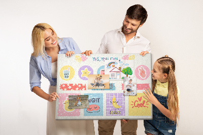 Prikbord met kleurrijke motieven en positieve slogans