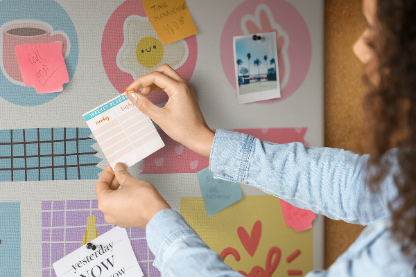 Prikbord met kleurrijke motieven en positieve slogans